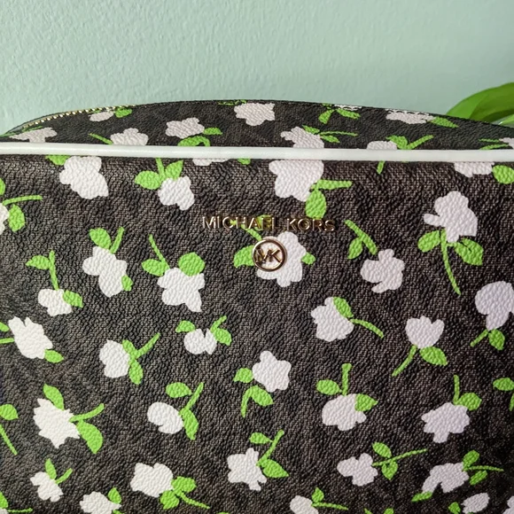 Michael Kors Jet Set Large Zip Travel Cosmetic Pouch Brown Pink Floral Print - Picture 2 of 13